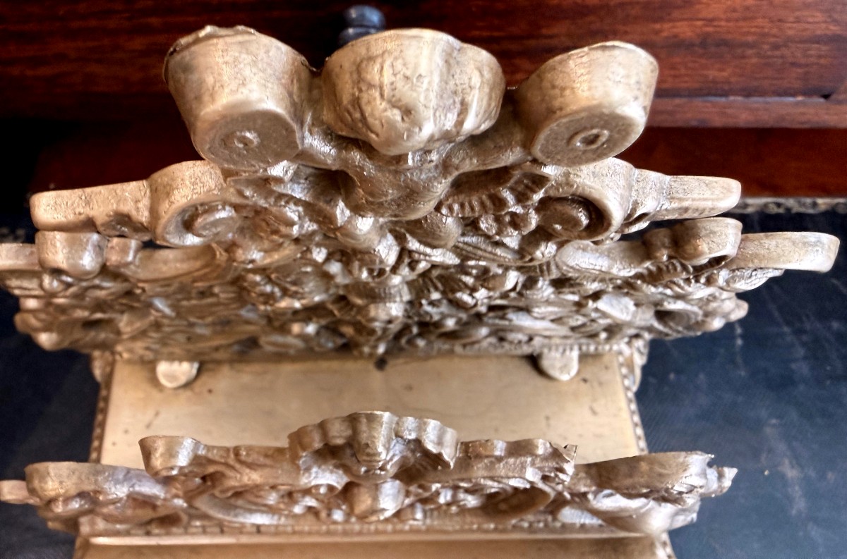 Gilt Bronze Double Inkwell With Cherub Letter Holder - 19th Century-photo-2