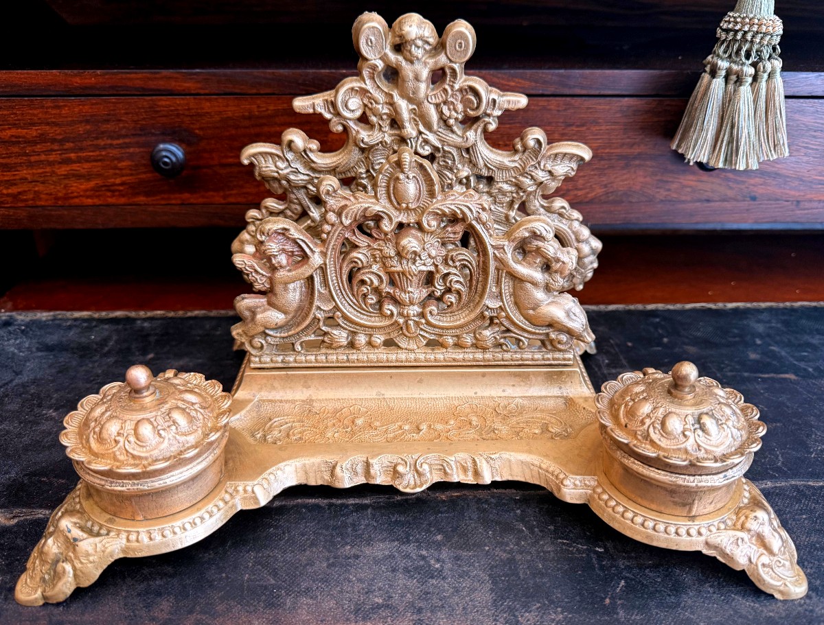 Gilt Bronze Double Inkwell With Cherub Letter Holder - 19th Century