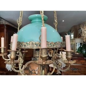 Lustre à Suspension à Huile Matador Et Bougies En Bronze Et Opaline Napoléon III - XIXe Siècle