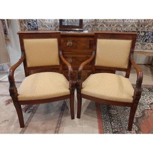 Paire De Fauteuils Têtes De Dauphin En Acajou Blond -  Début XIXème