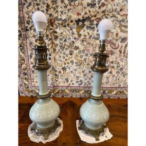 Rare Paire de Lampes à Pétrole Céladon - Napoléon III