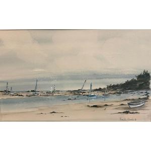 Aquarelle signée Alexandre Bonade - Vue de la Plage de Saint-Servan (Saint-Malo)