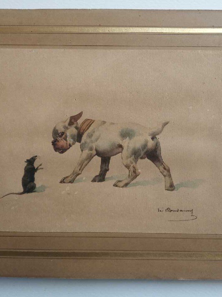 2 Watercolors By Charles De Condamy. Dog Attitudes-photo-4