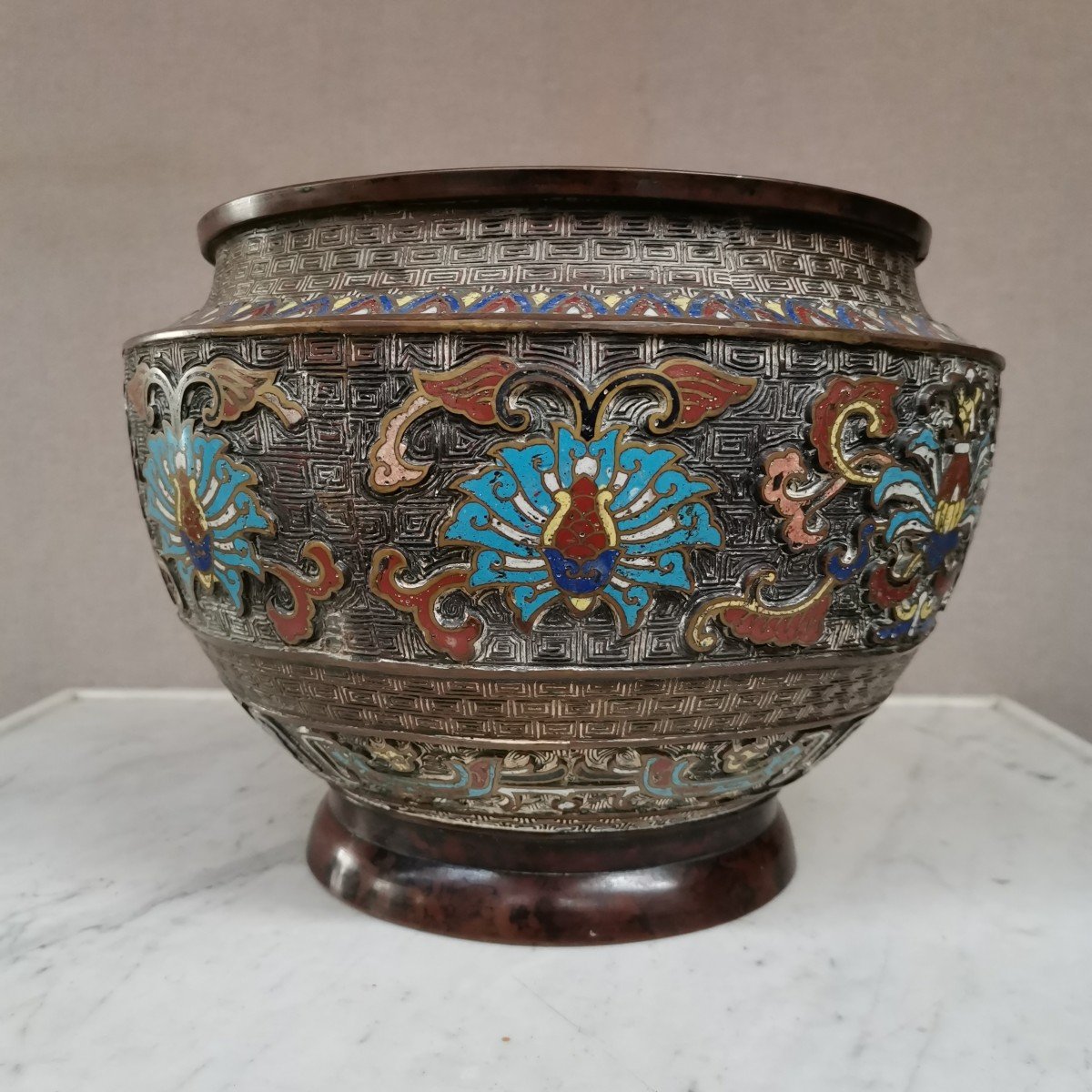Cache Pot Asiatique émaux Cloisonnés sur bronze. Chine 19ème -photo-3