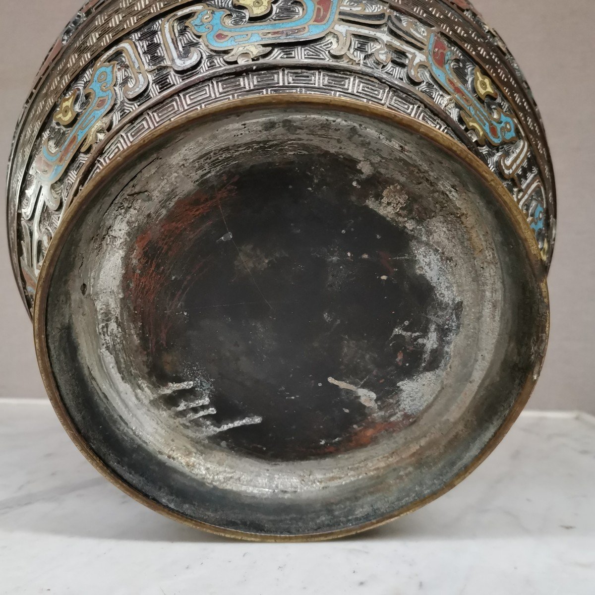 Cache Pot Asiatique émaux Cloisonnés sur bronze. Chine 19ème -photo-2