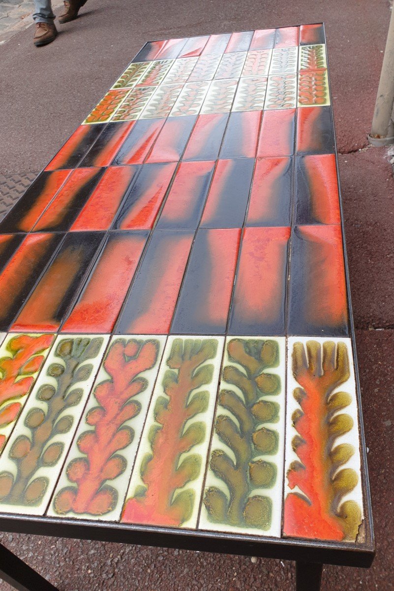 Table Basse à Carreaux De Céramique Et Pied Metal Laqué Par Roger Capron à Vallauris