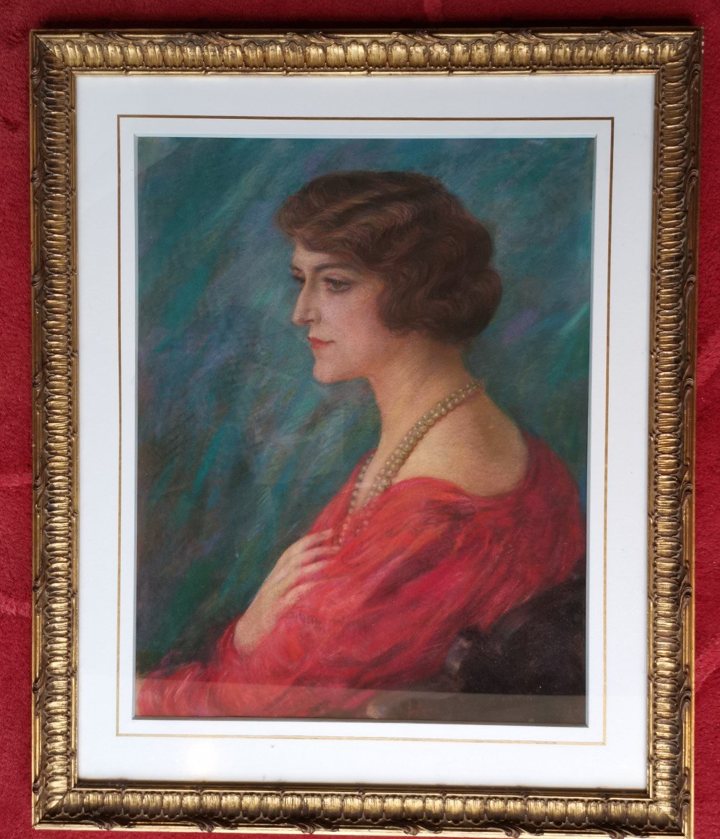 Élégante à La Robe Rouge, Pastel De Henry Degroux 