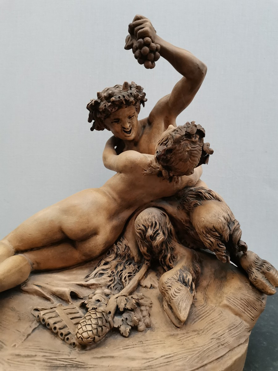 Satyre Et Bacchante En Terre Cuite Signée Clodion 