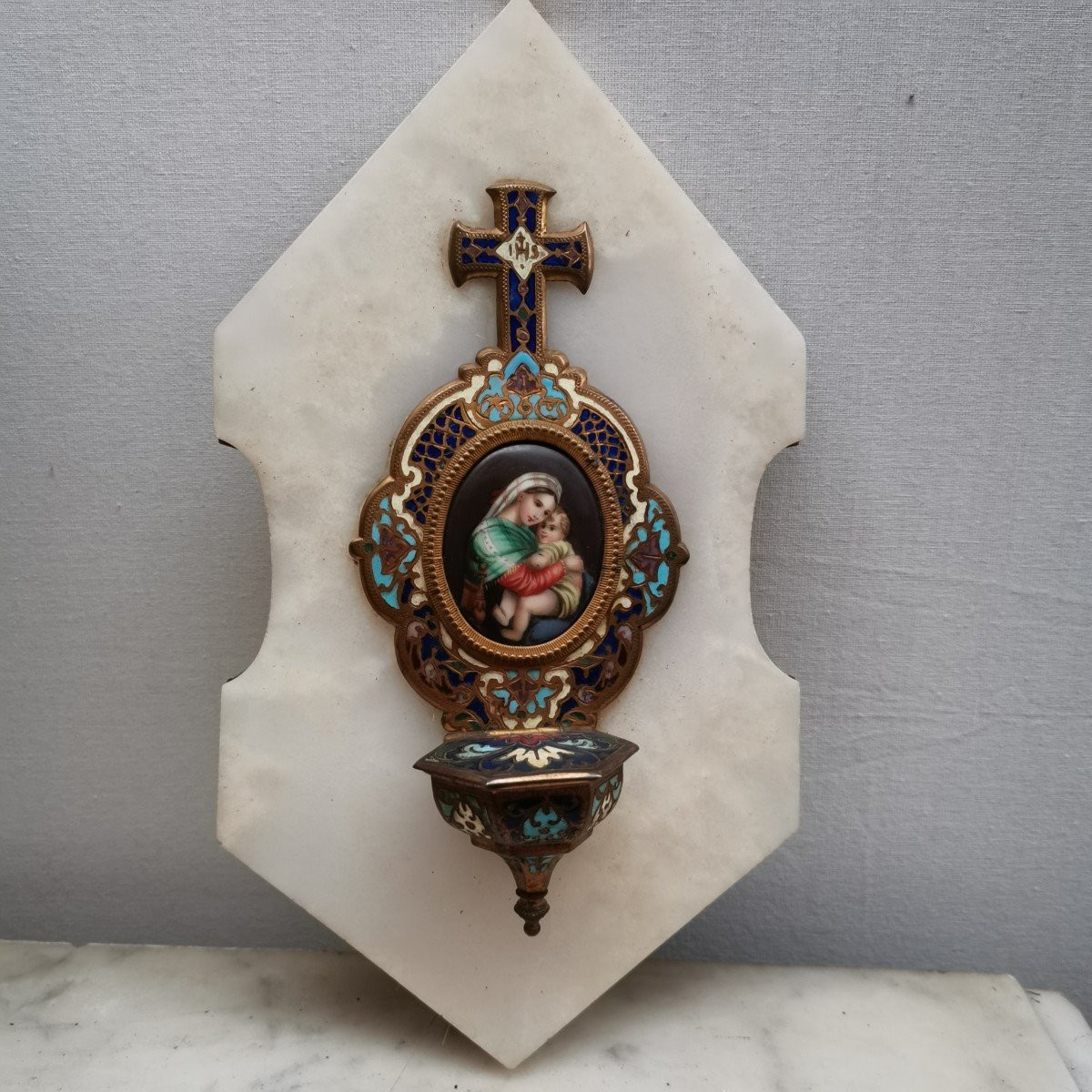 bénitier émaux cloisonnés et porcelaine-photo-3