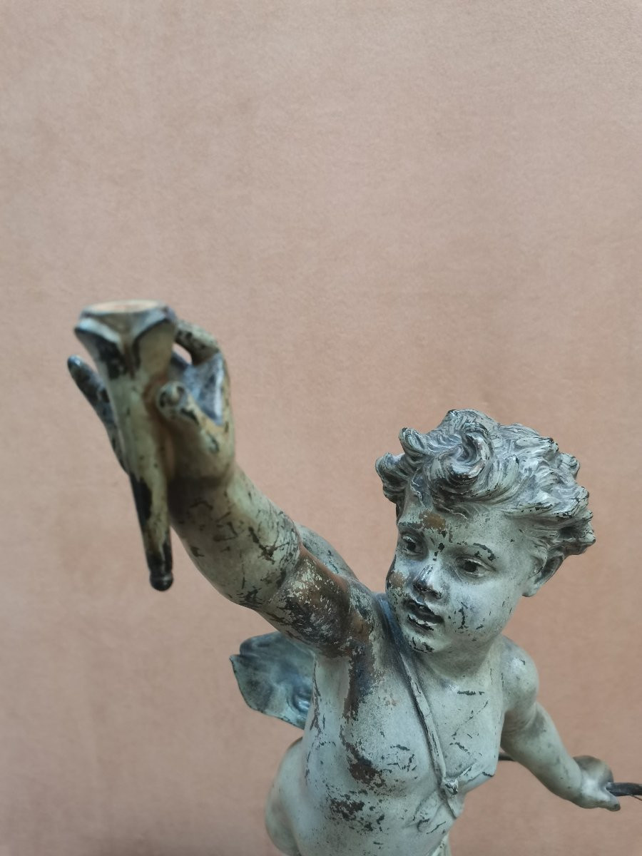 Large Angel And Lamp Subject In Spelter By Jean Louis Grégoire -photo-3