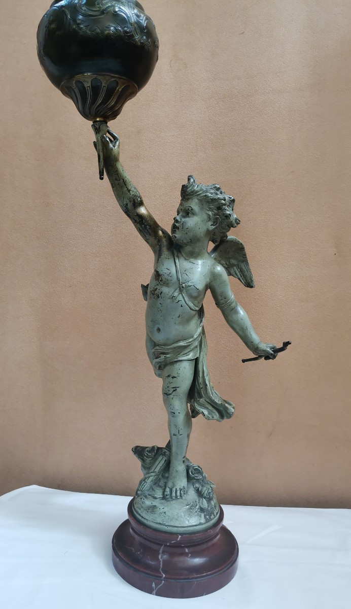 Large Angel And Lamp Subject In Spelter By Jean Louis Grégoire 