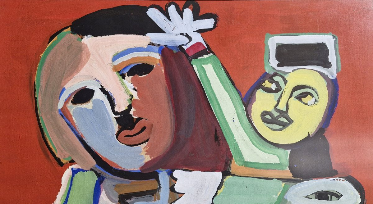 Maternité rouge par Adrien Seguin - 1972 Gouache sur papier-photo-2