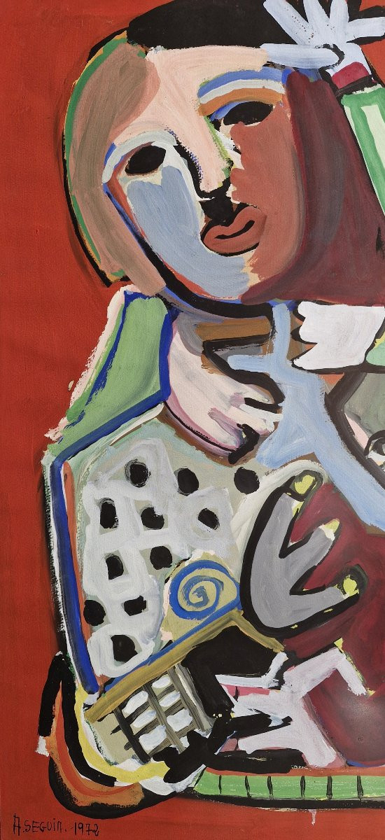 Maternité rouge par Adrien Seguin - 1972 Gouache sur papier-photo-3