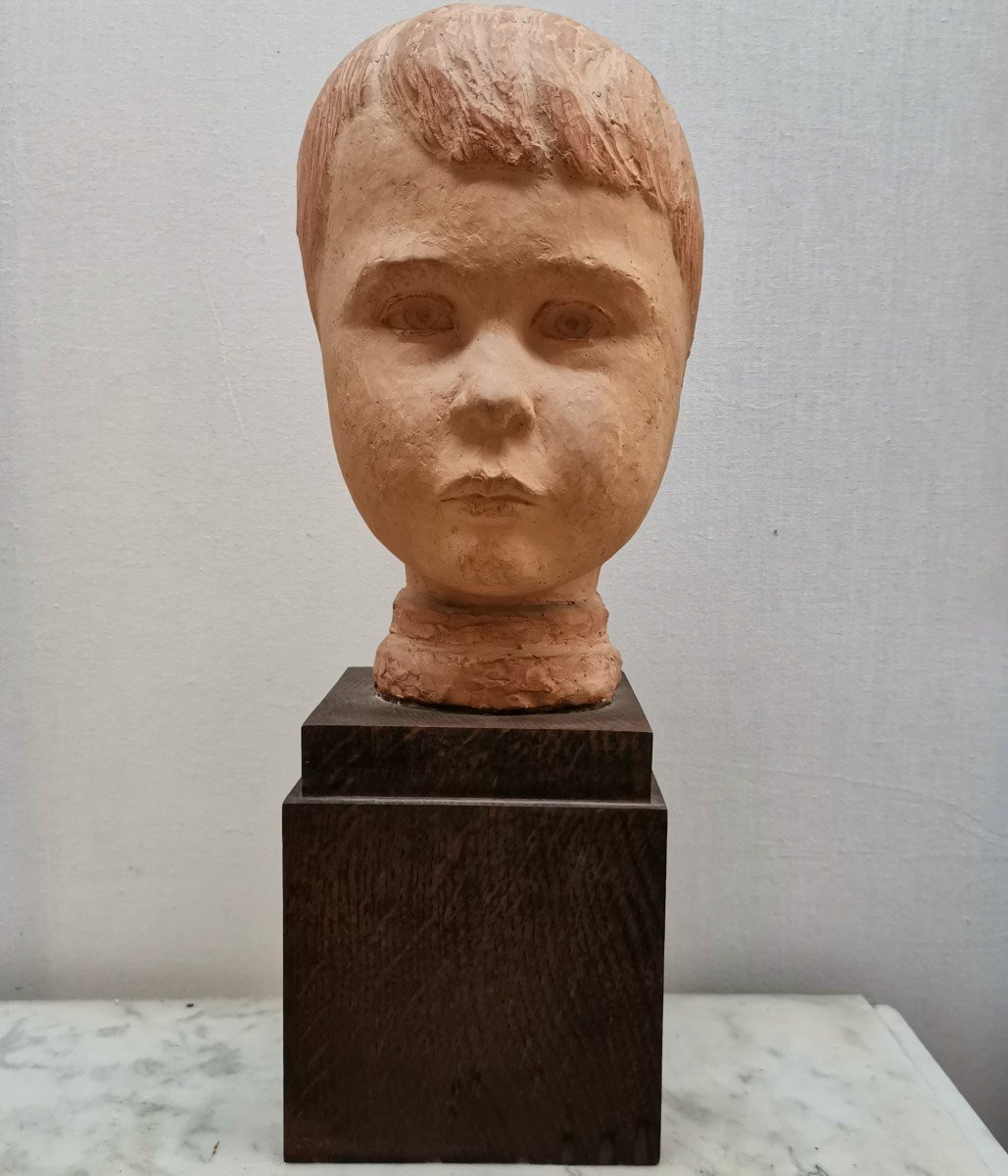 Buste d' enfant en terre cuite signée DELBART-photo-5
