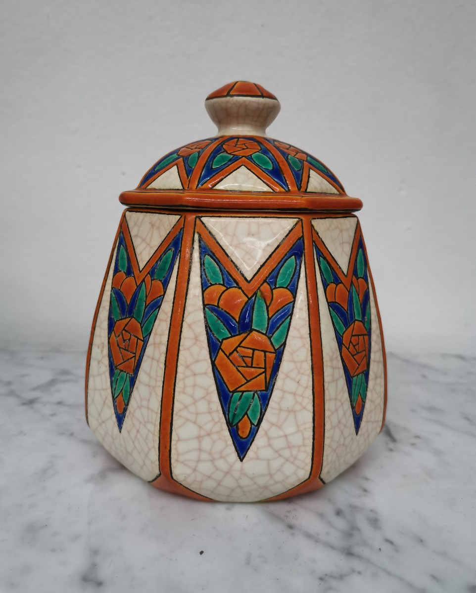 Pot couvert bonbonnière en émaux de Longwy 