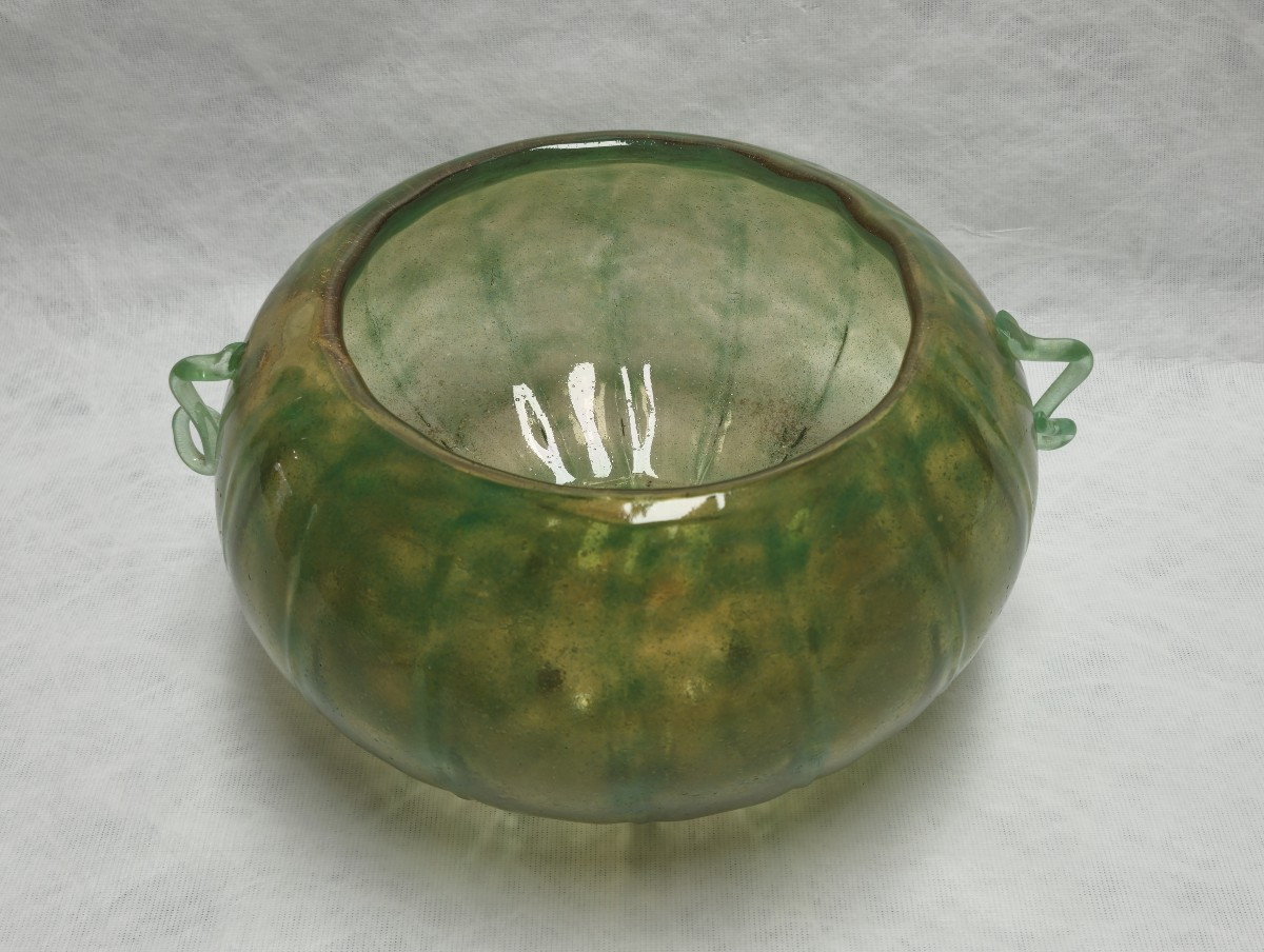 Centre de table citrouille verte Daum Nancy. Signature fleurie