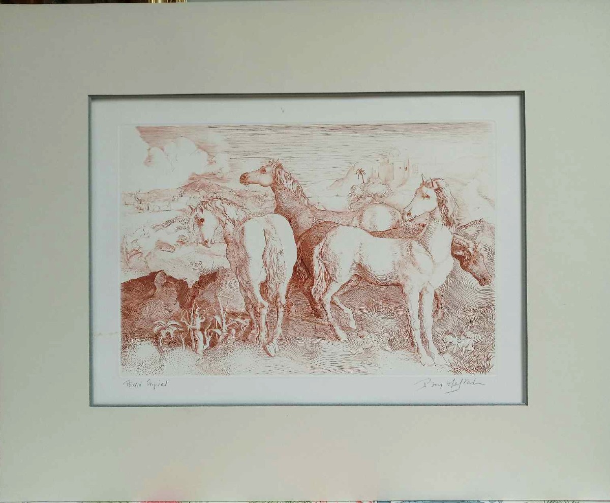 Chevaux en liberté gravure de Mohammed Ben Meftah 