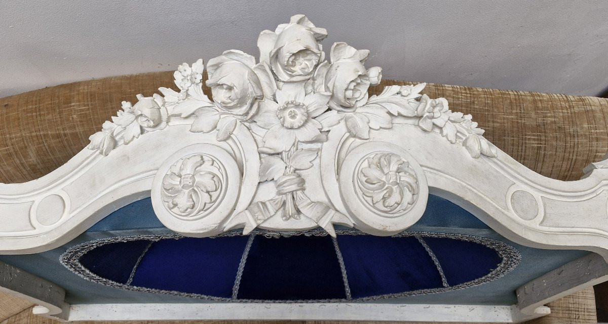 Ciel de lit en bois sculpté laqué blanc à dôme de velours-photo-3