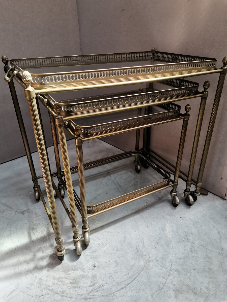 Rolling Nesting Tables Made Of Brass And Glass -photo-3