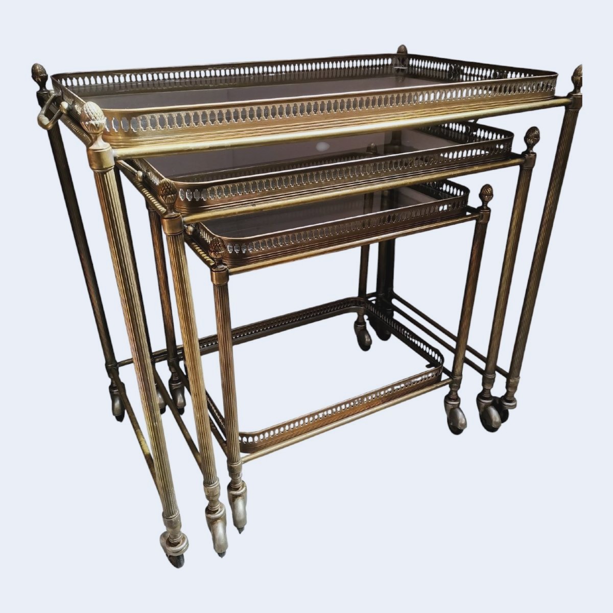 Rolling Nesting Tables Made Of Brass And Glass 