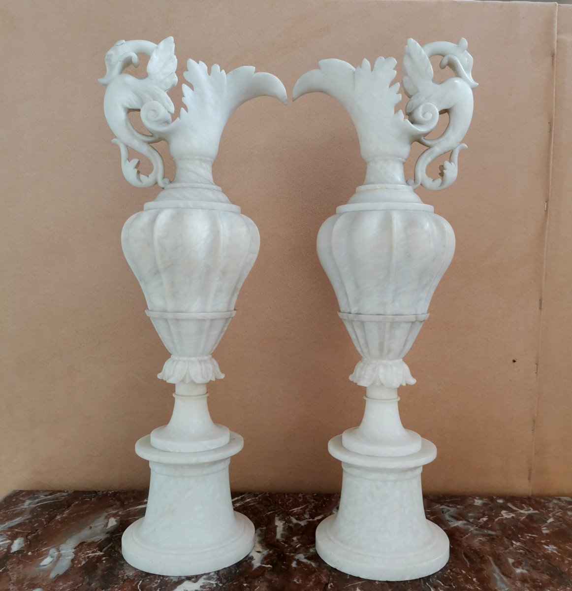 Pair Of Cassolette Ewers In Marble