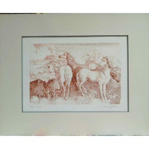 Chevaux En Liberté Lithograph By Mohammed Ben Meftah