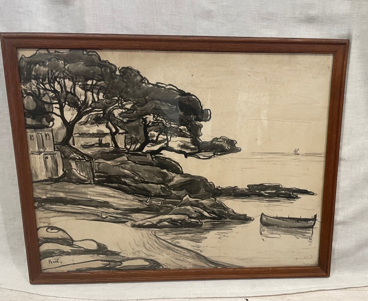 Jean Peske , Sea Landscape  At Gouron , Ink -photo-2