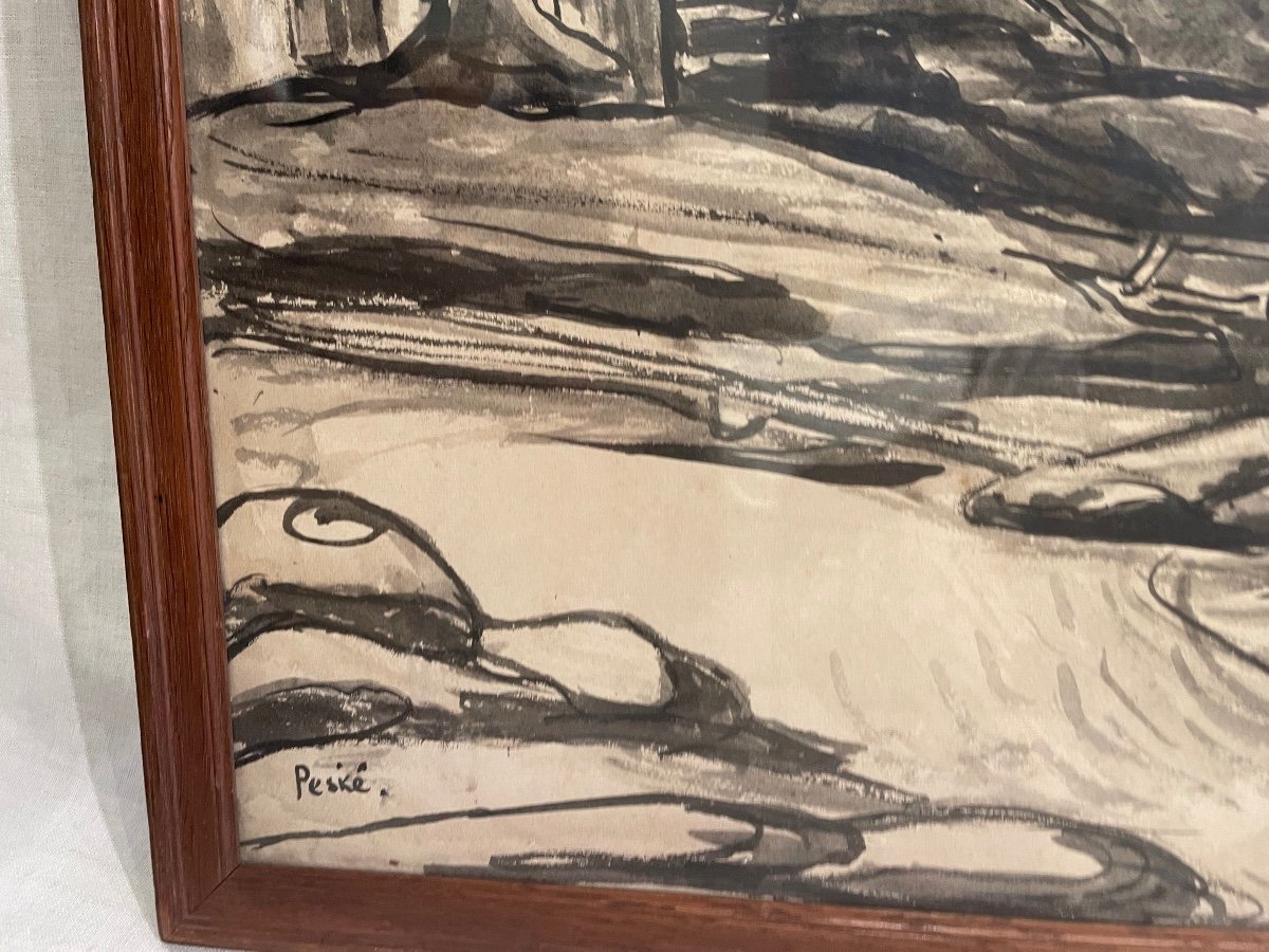 Jean Peske , Sea Landscape  At Gouron , Ink -photo-3