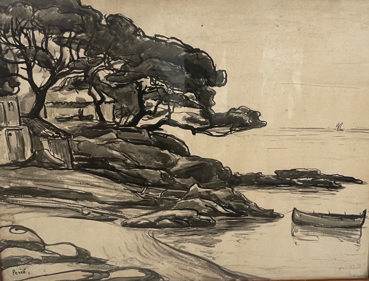 Jean Peske , Sea Landscape  At Gouron , Ink 