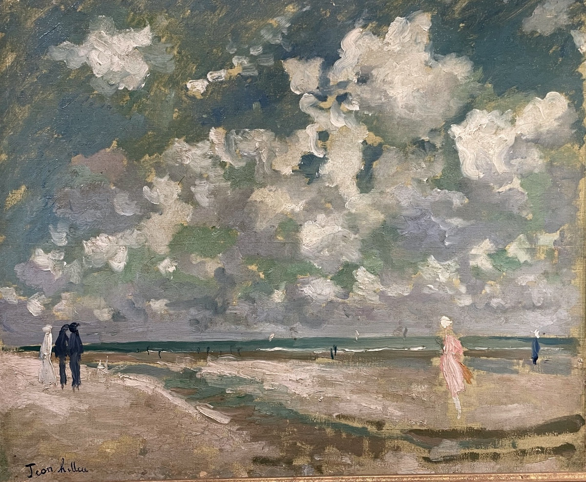 Jean HELLEU , élégante  sur la plage, huile 