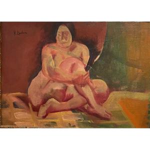 Henri Epstein Nu Assis , Huile Sur Toile