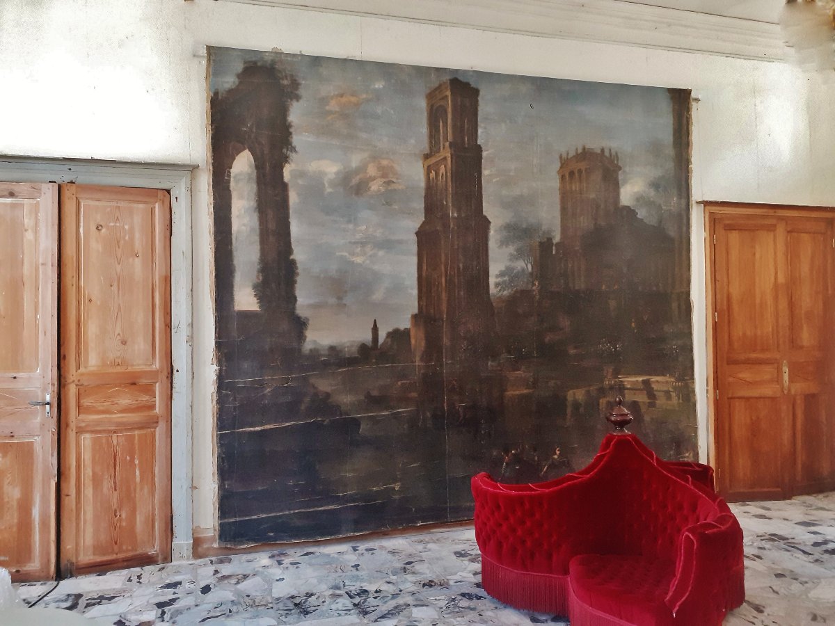 IMPOSANTE HST XVIIIème 385 x 375 cm Palais, Paysage animés-photo-2