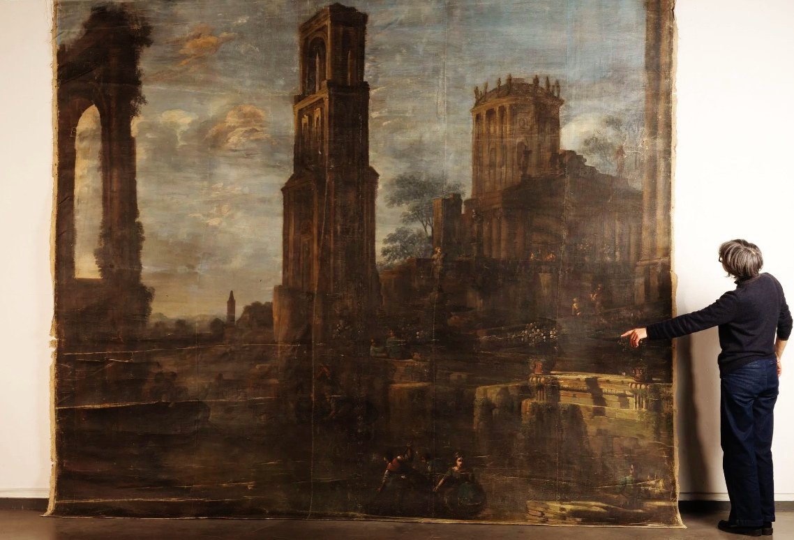 IMPOSANTE HST XVIIIème 385 x 375 cm Palais, Paysage animés