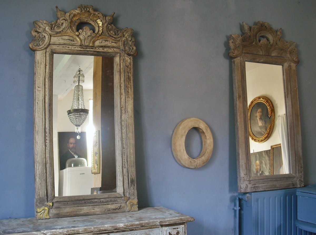 Pair Of Mirrors 18 Th 120 X 58 Polychromed Woodwork-photo-2