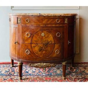 Half-moon Commode Louis XVI Style With Attributes Of Music And Birds.