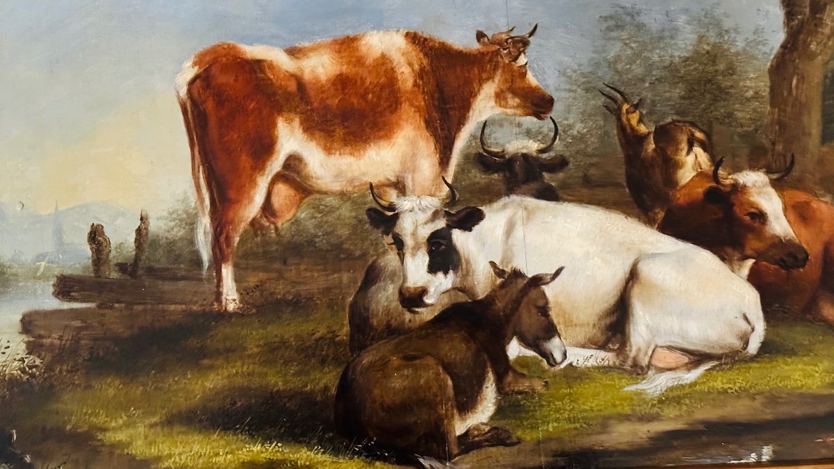 Pair Of Oils On Panels Cows, Goats And Donkey Near A Stream.-photo-4