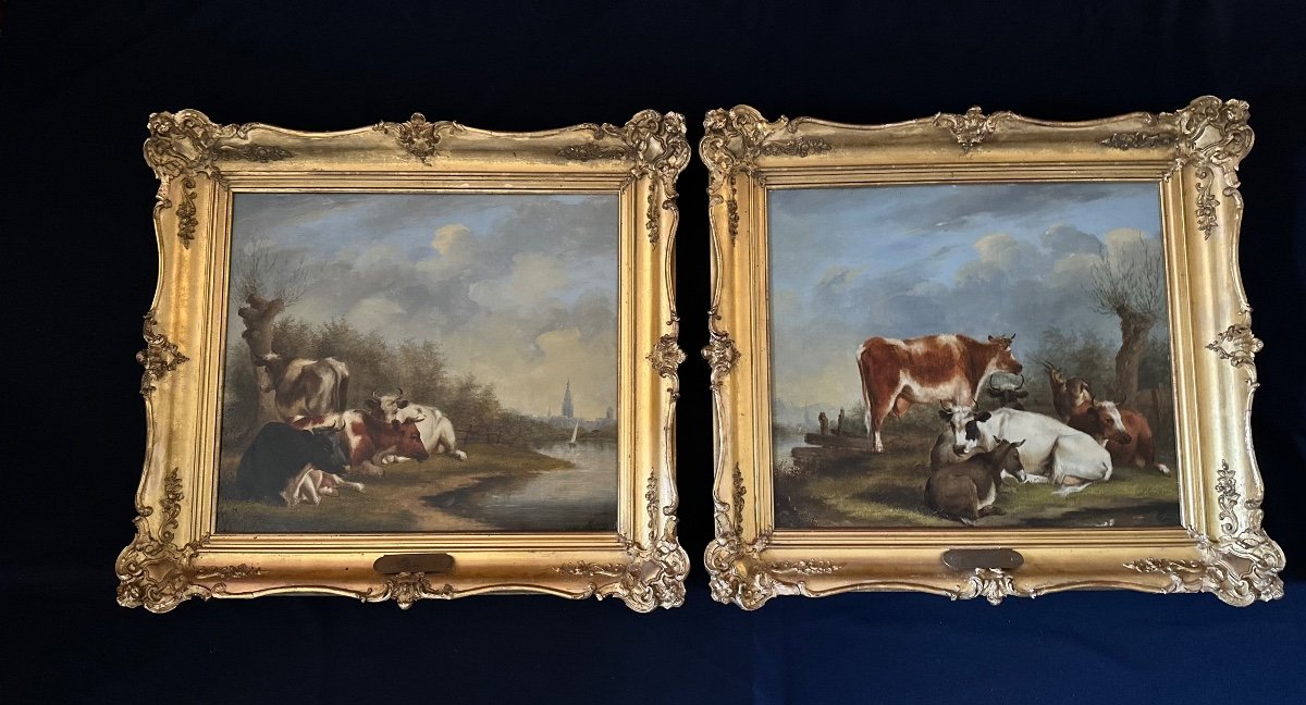 Pair Of Oils On Panels Cows, Goats And Donkey Near A Stream.-photo-7