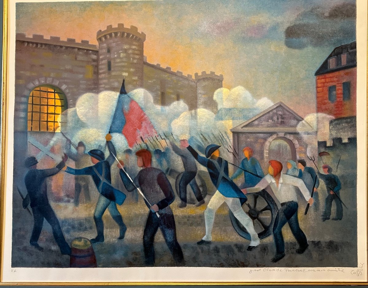 Lithographie Originale Louis Toffoli (1907-1999)  «  La Prise De La Bastille 1989. »-photo-3