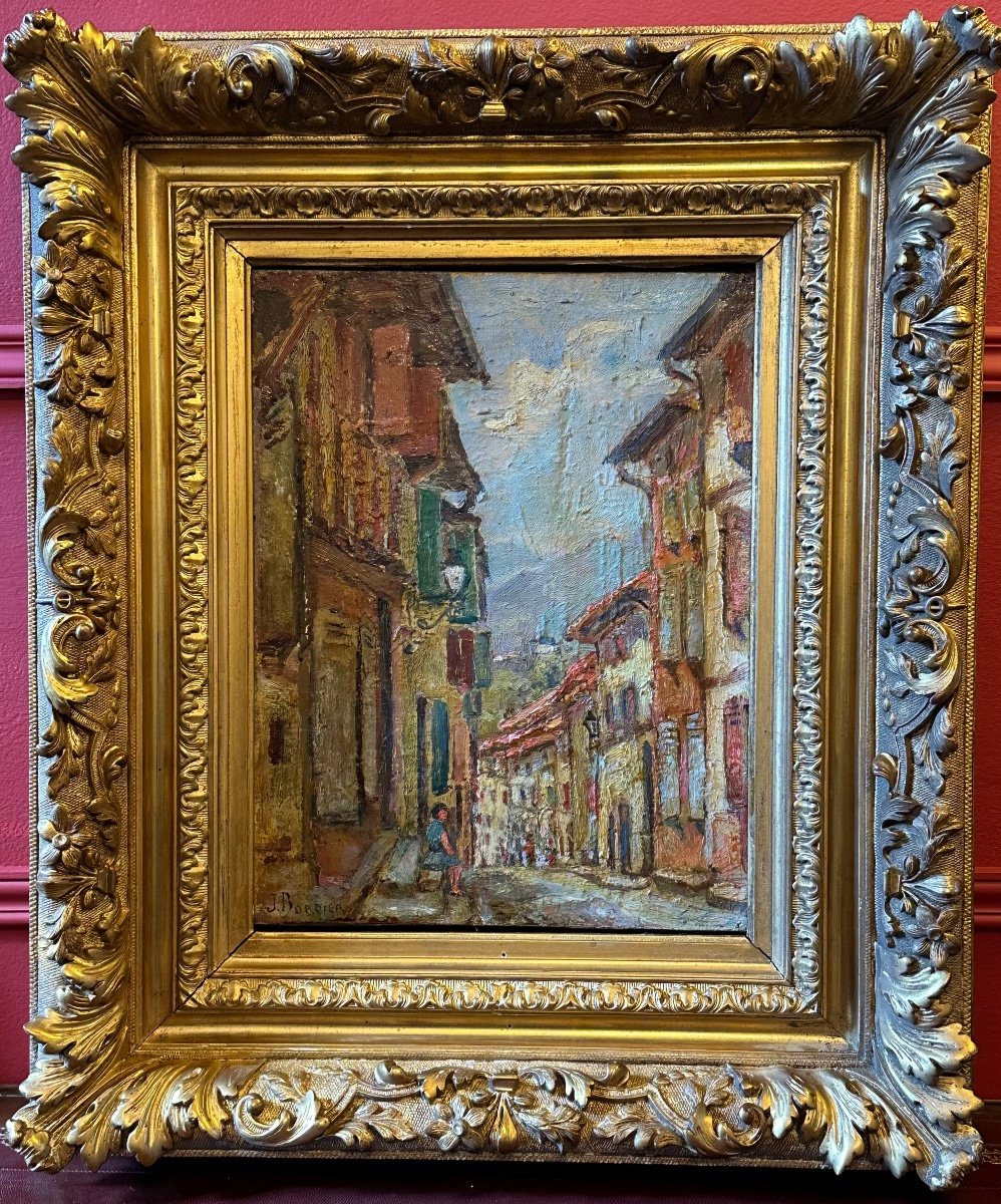Saint Jean Pied De Port, Rue De La Fortress. Oil On Canvas By Jacques Bordier. XX Th.