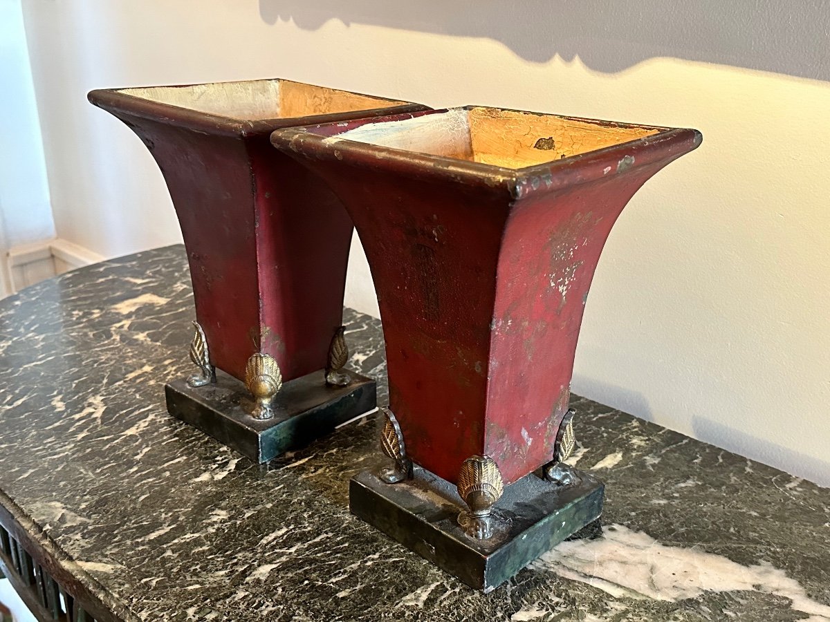 Pair Of Cornets Vases In Sheet Metal From The Empire Period.-photo-1