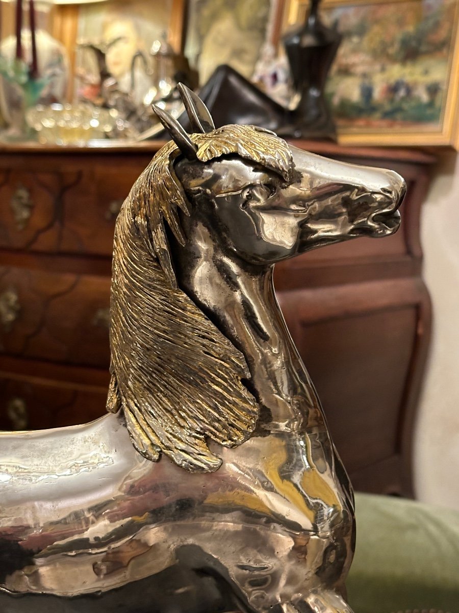 Cheval En Bronze Argenté Et Doré. Hollywood Regency. -photo-2
