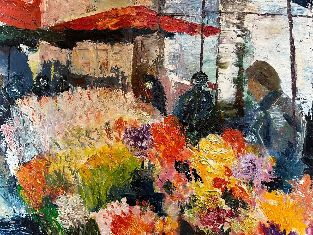 “the Flower Market” Oil On Canvas By Van Extergem 20th Century. -photo-2