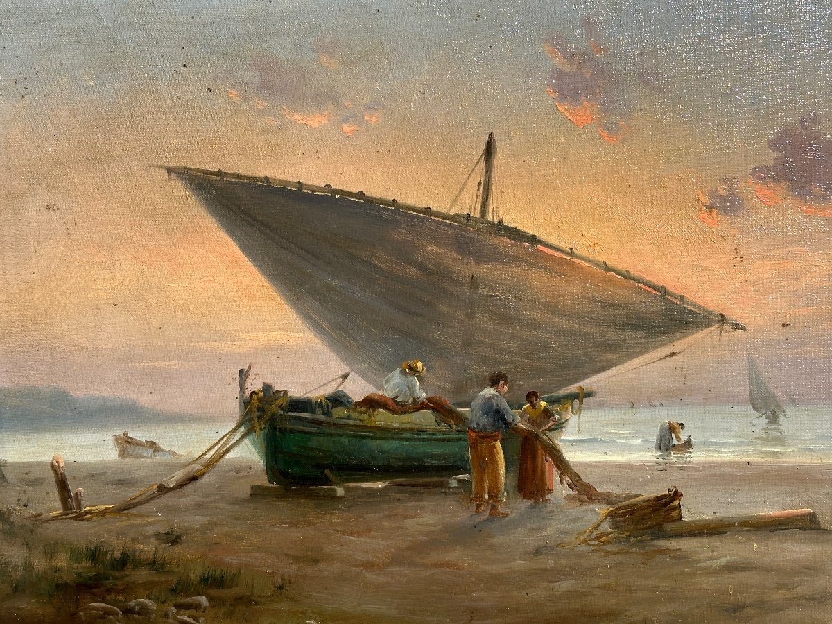 Oil On Canvas “return From Fishing At Sunset”. -photo-2