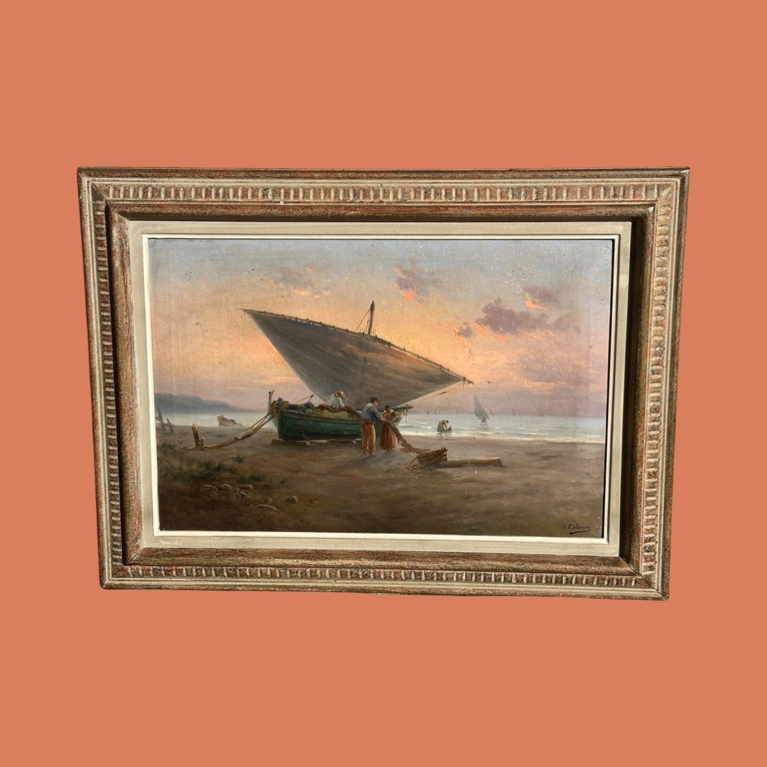 Oil On Canvas “return From Fishing At Sunset”. -photo-4