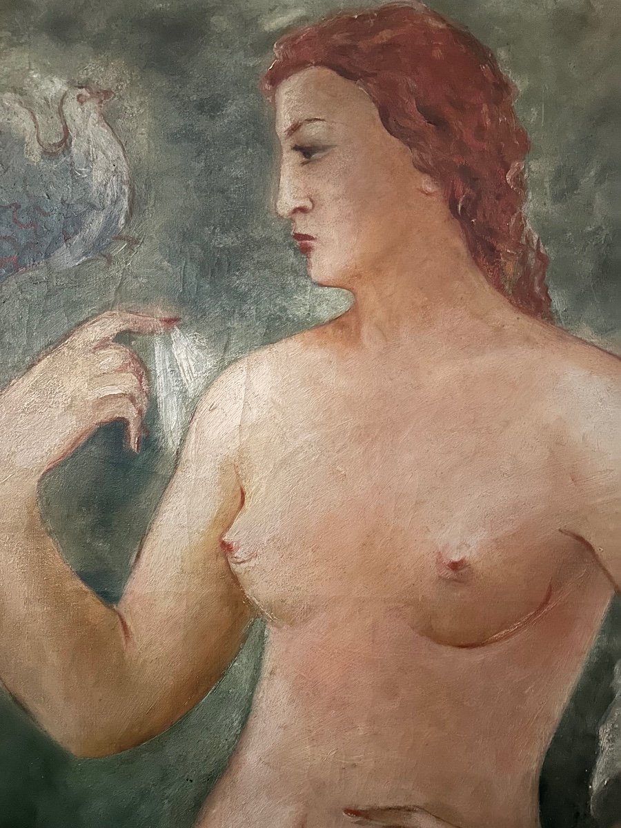 Nu. Huile Sur Toile « la Femme à La Colombe ».  Epoque Art Déco. -photo-2