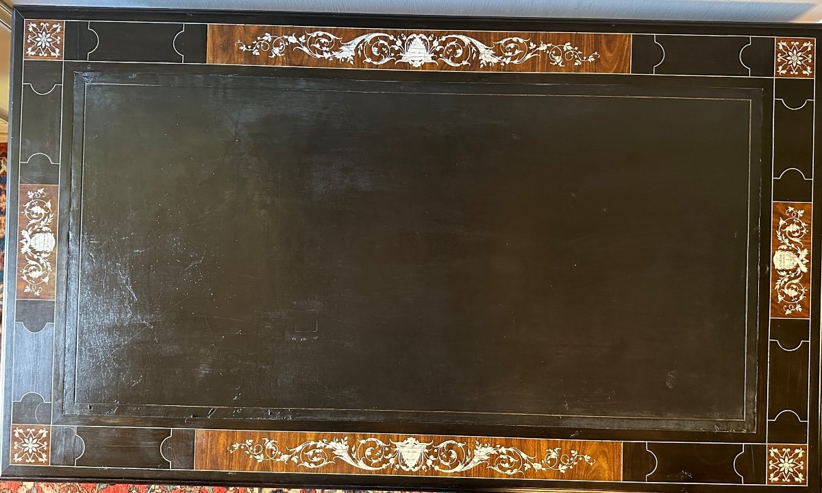 Ferdinando Pogliani Bureau Plat En Bois Noirci Et Marqueterie D’ivoire. -photo-2