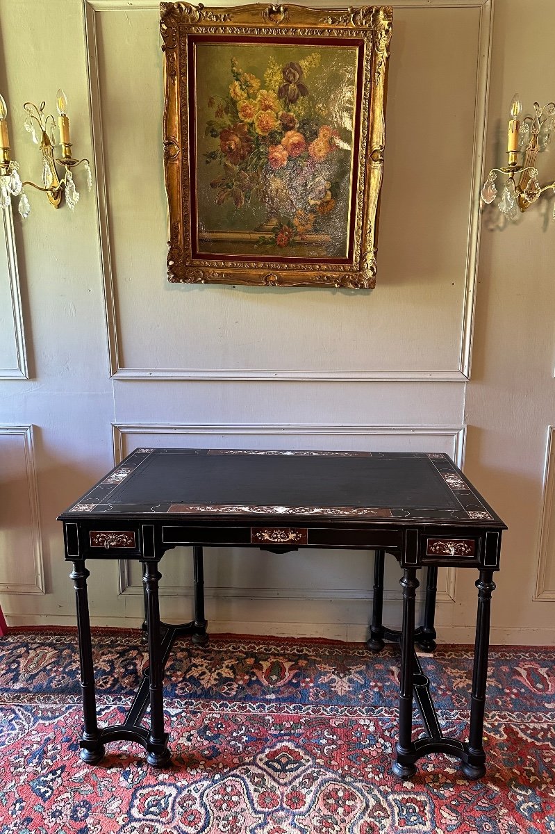 Ferdinando Pogliani Bureau Plat En Bois Noirci Et Marqueterie D’ivoire. -photo-4