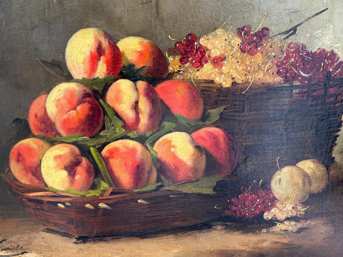 Alfred Arthur Brunel De Neuville (1852-1941) Oil On Canvas, Still Life With Peaches -photo-2