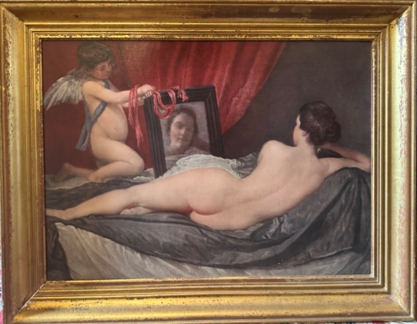 Nude Woman In Mirror. Oil On Canvas 20th Century. 