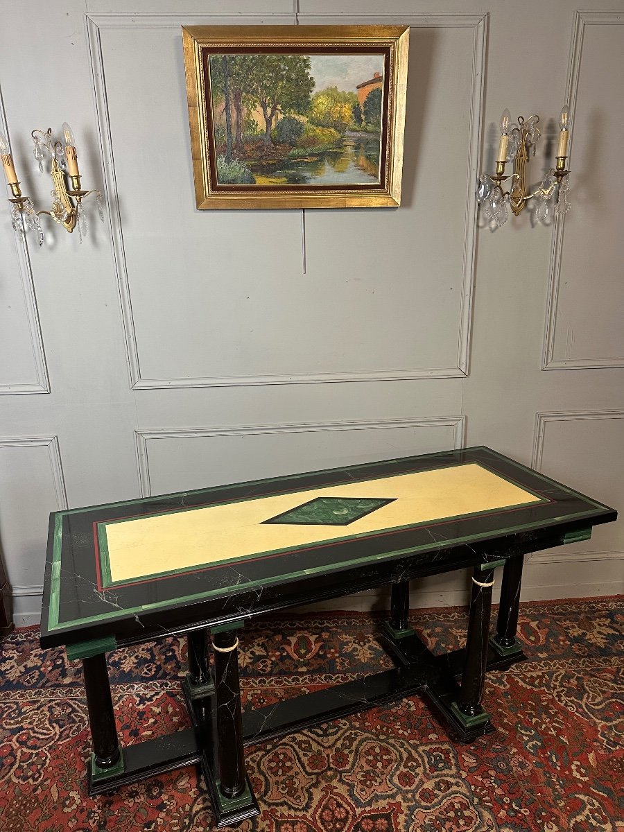 Table /console Style Roméo En Laque Faux Marbre Et Malachite. -photo-3